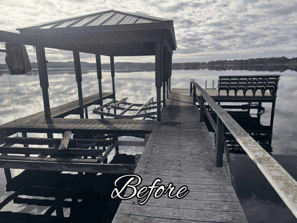 Weathered lakeside dock with covered boat slip