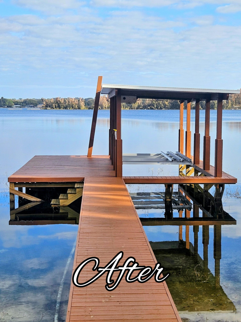 Modern red dock walkway and boat lift