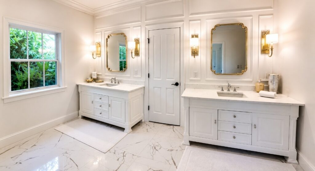 Clean white lakeshore bathroom